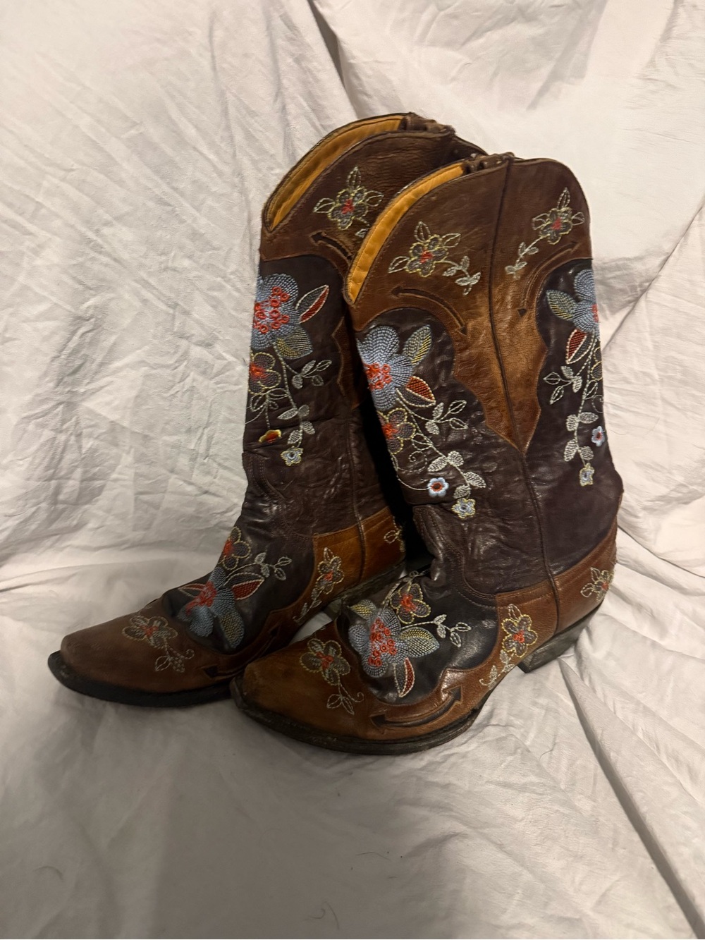 Old Gringo Brown Leather Lace-Up Cowboy Boots with Multicolor Floral Embroidery